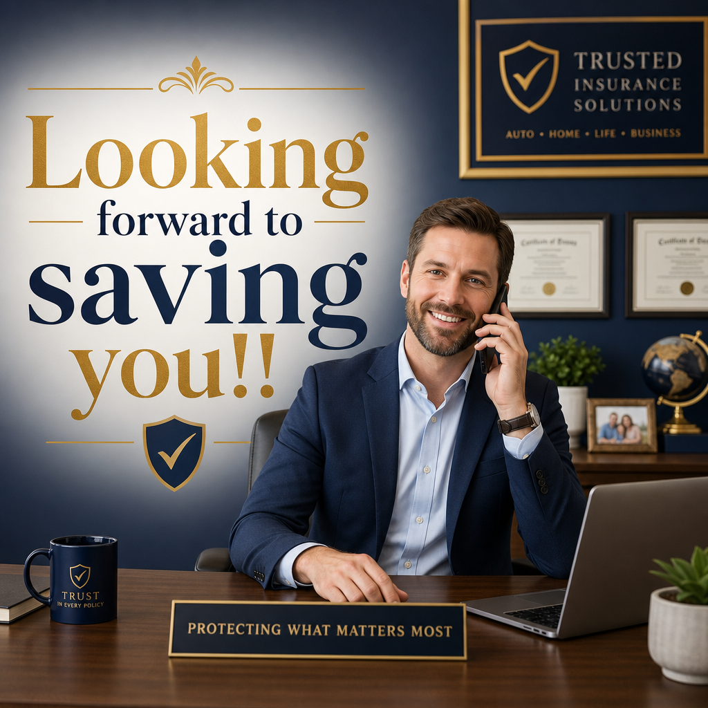 Friendly insurance advisor on the phone saying Looking forward to saving you